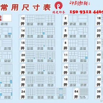 常用纸张开料表郑州印刷报价表